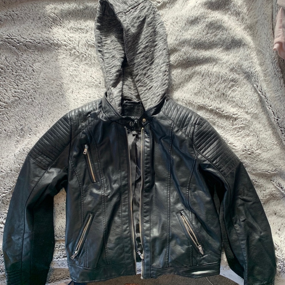Faux leather jacket with detachable sweater hood